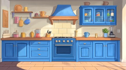 Cozy blue kitchen interior, sunlight streams in, sunny day, perfect for a cooking scene, background illustration