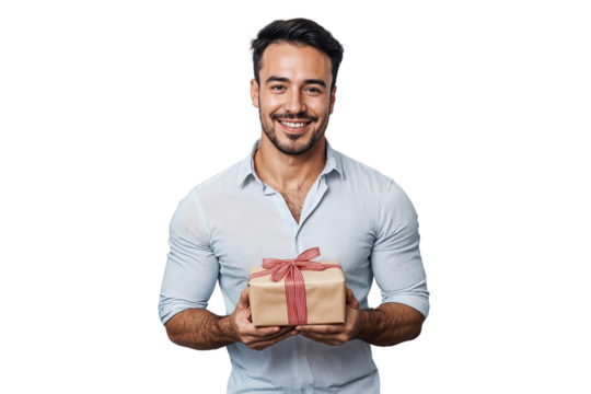 Portrait of a handsome young man with gift box, isolated on transparent background - Powered by Adobe