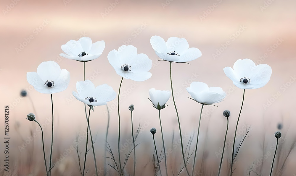 Poster White flowers field sunset serene nature calm