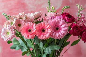 Cute pink background with gerberas and fresh carnations decorated. Sweet and romantic women's with generative ai