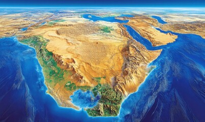Aerial view of Arabian Peninsula, showing diverse geography, deserts, and coastlines. Useful for geography education