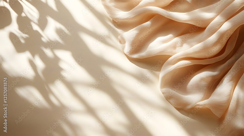 Poster soft fabric draped elegantly on a light surface with delicate shadows from nearby leaves creating in