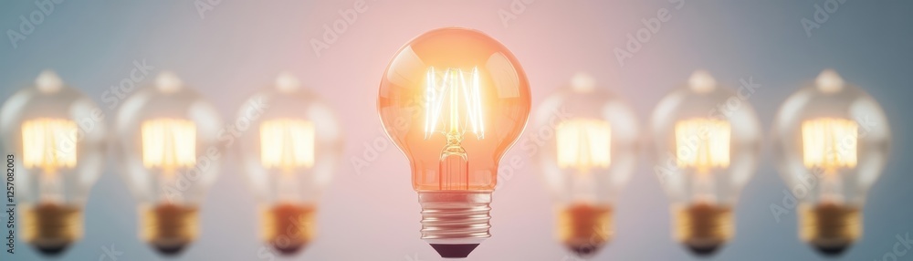 Poster Light bulb illuminated with multiple bulbs in the background creating a glowing effect