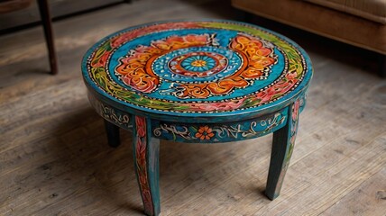 Colorful Hand Painted Round Wooden Coffee Table