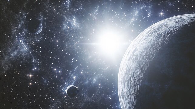 Artistic rendition of Alpha Centauri seen from a futuristic spacecraft with a white background to highlight the star system's significance in space travel