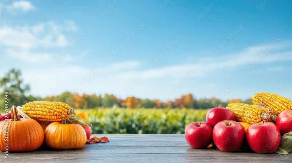 Poster three pumpkins and two apples arranged on a rustic wooden table in natural lighting