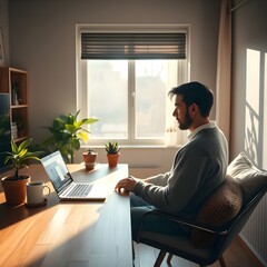 People working remotely &ndash; A relaxed view of a telecommuter working from home while drinking coffee in front of his laptop.