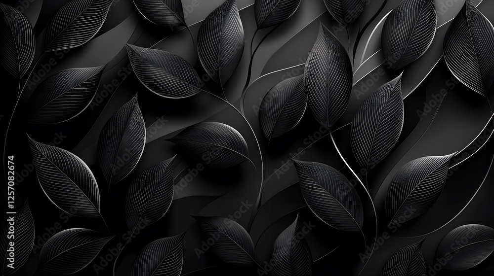 Poster elegant black leaves pattern on dark background with intricate details and shadows creating depth an