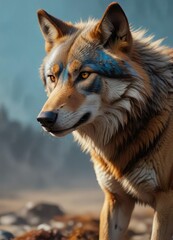 Obraz premium minimalist brushstrokes of cerulean and amber hues on a wolf's fur, brushstroke, color