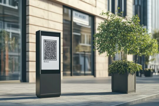 A sidewalk signboard mockup with a customizable QR code and branding, set outside a retail shop entrance
