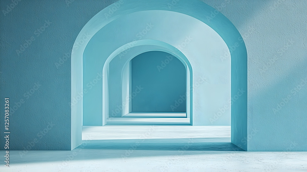 Poster light blue archways creating a serene hallway with soft shadows and minima design elements.