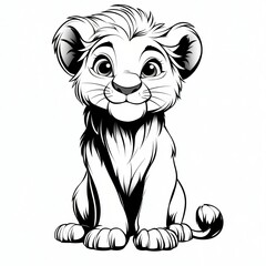 Adorable Cartoon Lion Cub Sitting Black and White Illustration Cute Animal Design