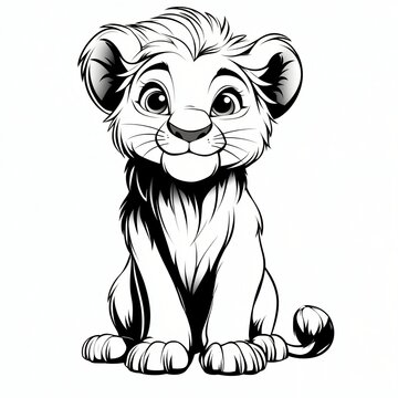 Adorable Cartoon Lion Cub Sitting Black and White Illustration Cute Animal Design