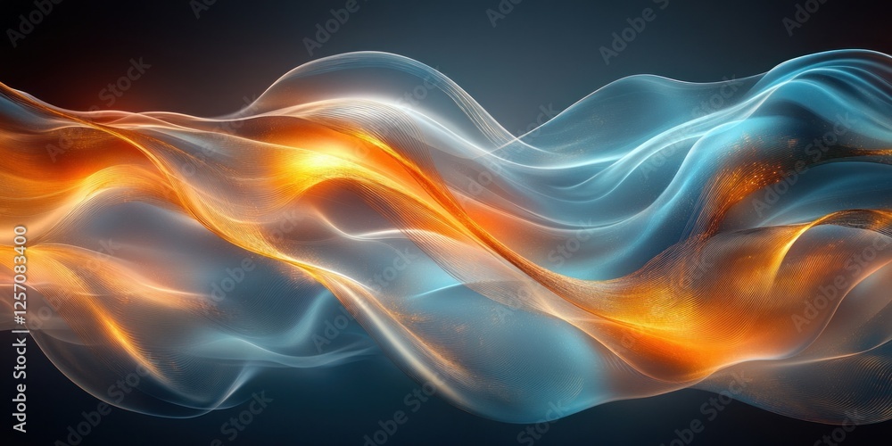 Poster abstract dynamic gradient waves with turquoise and gold ribbons and soft lighting