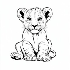 Obraz premium Adorable Lion Cub Line Art Illustration Wildlife Baby Animal Cute Kitten African Safari Theme Black
