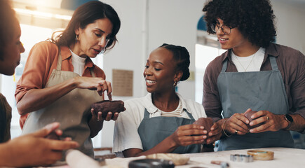 Woman, pottery and clay with group, course and listening for art, smile and steps with process for results. People, coach and advice for creativity, sculpture and learning with diversity in class