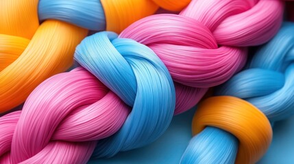 Colorful braided synthetic hair strands in vibrant hues of pink, blue, orange, and yellow on a blue background