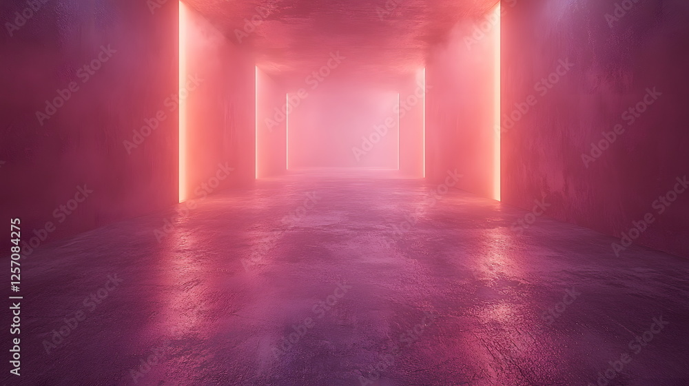Poster neon-lit hallway with fog and vibrant colors creating a surreal atmospheric effect indoors.