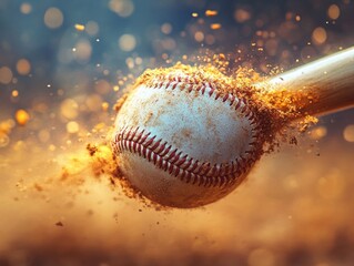 Baseball player swinging bat hitting ball close up action shot with motion blur and dynamic lighting