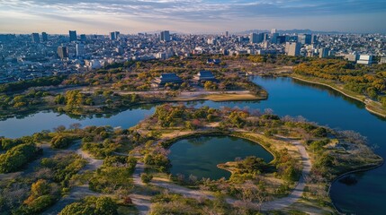 Fototapeta premium A breathtaking aerial view of Himeji Castle surrounded by the modern city, blending past and present.
