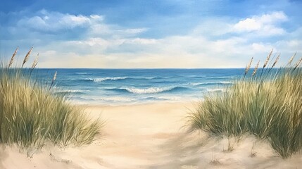 A bright midday beachside scene with clear blue skies, soft white sand, and gentle waves.