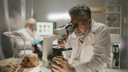 Senior scientist in lab coat and glasses carrying out microscopic research in archaeology laboratory, with ancient human skull and bones on table
