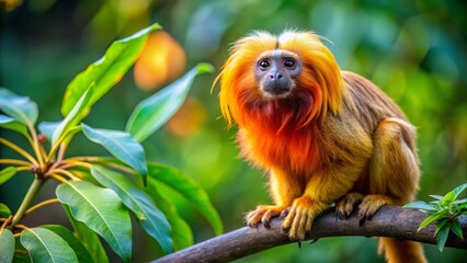 Golden Lion Tamarin Sitting on Branch Surrounded by Green Foliage