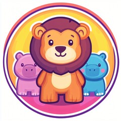 Fototapeta premium Adorable Cartoon Lion with Hippos Cute Animal Illustration Kids Design