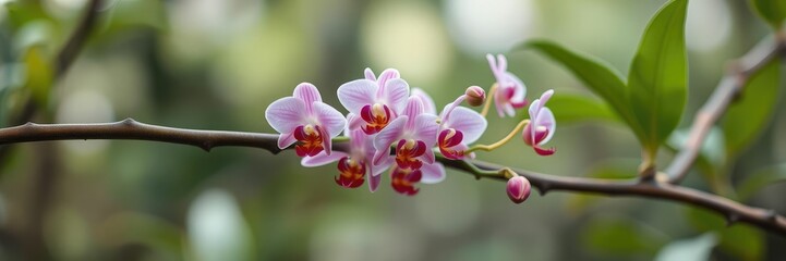 Multiple small orchid plants growing together on a slender tree branch, natural growth, leafy greens, clusters