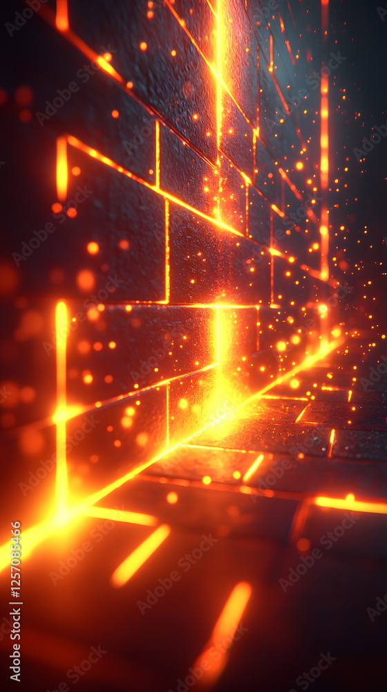 Aufkleber glowing orange light emanating from a textured wall with scattered particles in a dark environment.