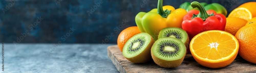 Poster wooden cutting board with assorted sliced fruits and vegetables arranged for preparation and present