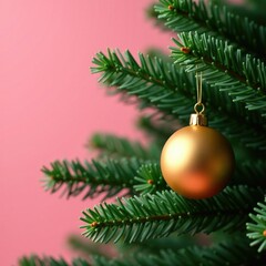 Fototapeta premium A single golden bauble nestled among lush greenery against a soft pink Christmas tree, festive lighting, soft glow, lush greenery