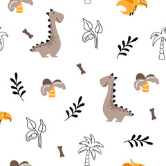 Cute seamless pattern with various dinosaurs, mountains, volcanoes, palm trees, clouds, eggs, footprints. Vector illustration. Creative kids background for fabric