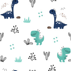 Cute seamless pattern with various dinosaurs, mountains, volcanoes, palm trees, clouds, eggs, footprints. Vector illustration. Creative kids background for fabric