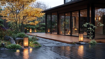 Modern Japanese Garden Patio at Dusk