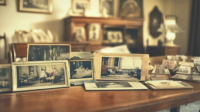 Vintage Family Photographs And Albums On A Wooden Table