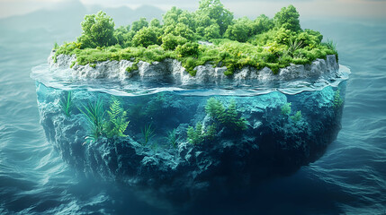 3D Illustration Ocean Island Ecosystem Underwater Marine Life Seascape Nature