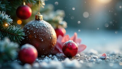 Frosty petals unfold around the Christmas tree, snowflakes, chocolate