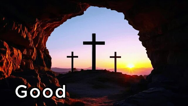 Good friday text animated Crucifixion Of Jesus Christ holiday Sunrise Crosses On Hill 4k video cross on the hill