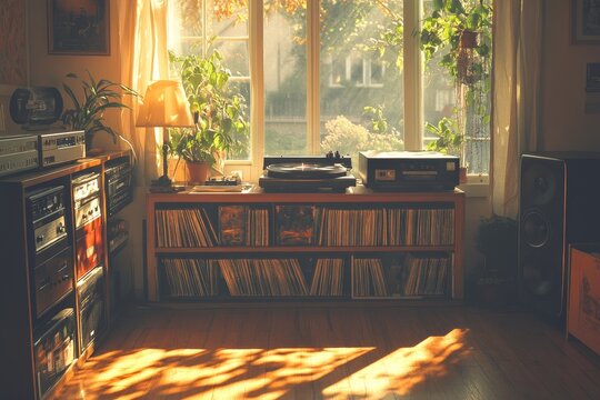 Sunlit room, vinyl records, stereo, autumn - Powered by Adobe