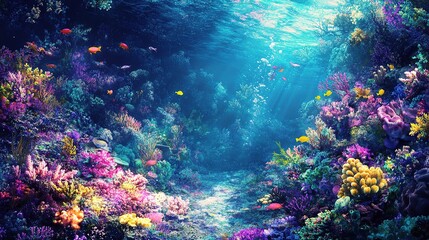 Naklejka premium Vibrant Coral Reef Teeming with Colorful Marine Life Underwater