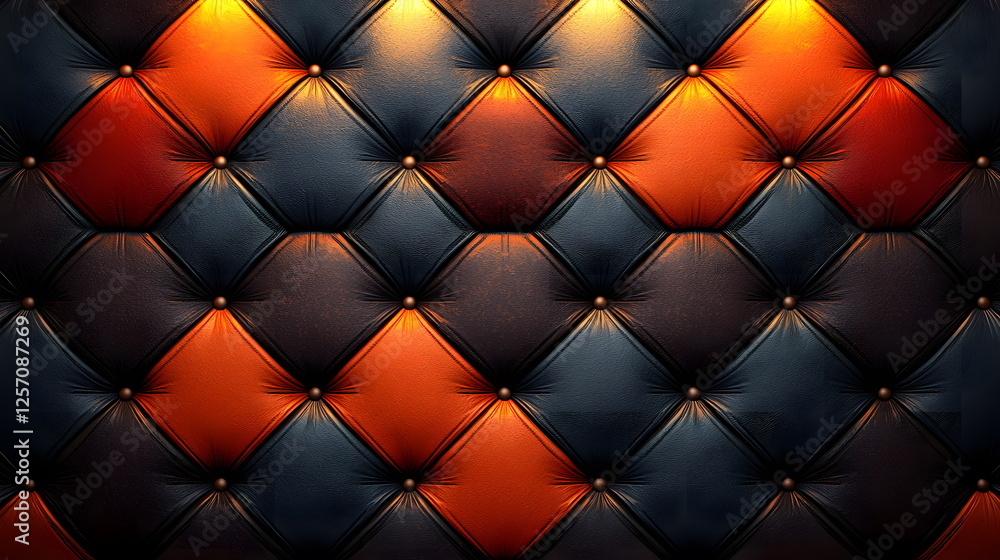 Poster textured wall with orange and blue diamond pattern featuring soft padding and subtle lighting effect