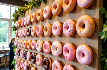 Decorative wall with colorful glazed donuts. A creative wall display featuring assorted glazed donuts in vibrant colors, perfect for celebrations and parties, with a blurred background of a cafe