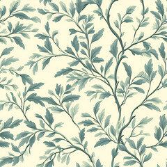 Elegant Teal Gray Foliage Pattern on Beige Background
