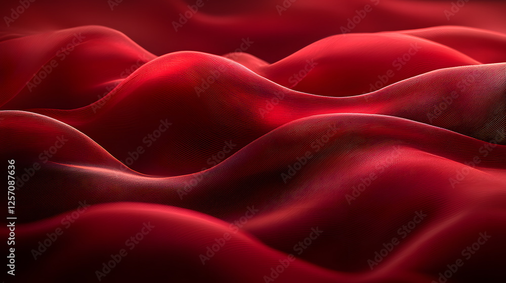 Poster soft red fabric waves gently undulating in a fluid, rich texture against a dark background, creating