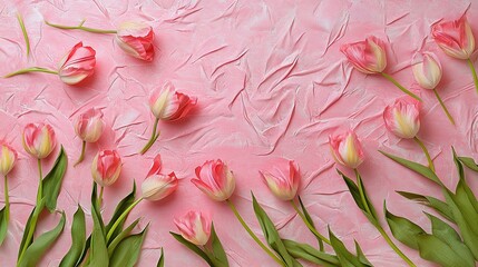 Obraz premium Delicate Tulips Arranged on a Pink Surface for a Greeting Card