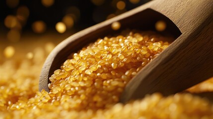A close-up of uncooked short-grain Japanese rice spilling from a wooden scoop.