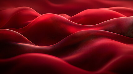 Soft red fabric waves gently undulating in a fluid, rich texture against a dark background, creating depth.
