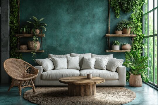 Scandinavian living room with grey sofa and wooden coffee table against vibrant green wall