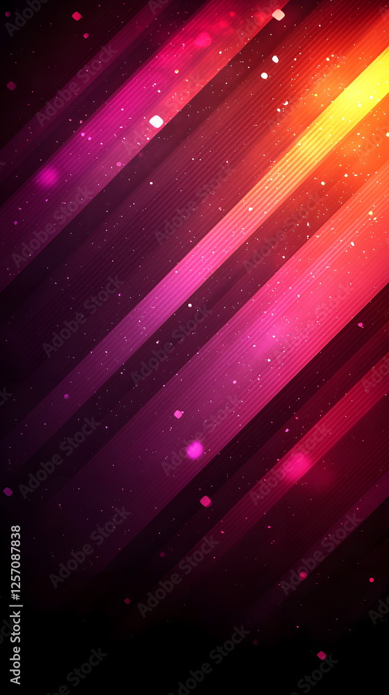 Poster vibrant abstract background with diagonal lines and colorful bokeh lights in shades of pink and oran